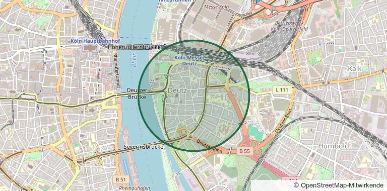 Map of Cologne-Deutz with the pickup area marked around Rheinpark and Koelnmesse
